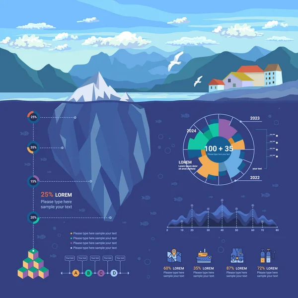 Eisberg Schwimmt Fjord Infografik Unterwasser Und Flachelemente Mit Polygonalem Eisberg — Stockvektor