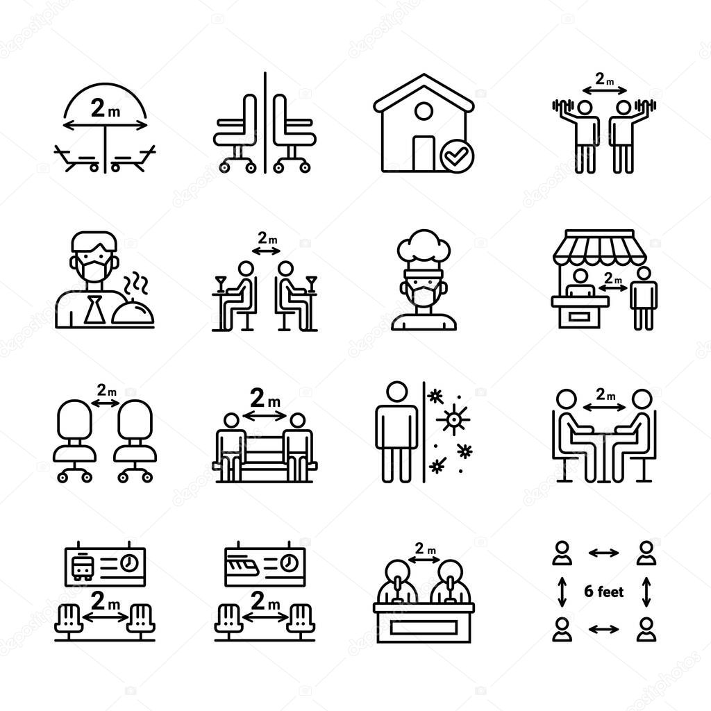 Social Distance Line Icon Set. Contain such icons as Keep Safe Distance, Stay Home, Prevention and more.