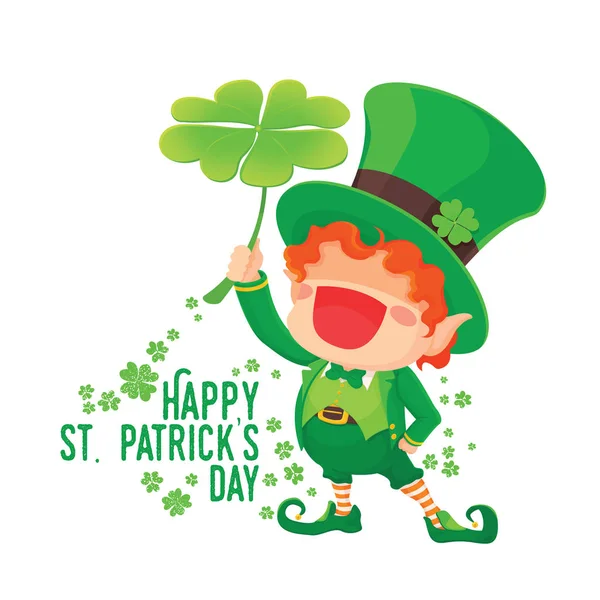 Buon giorno di San Patrizio Leprechaun Holding Shamrock — Vettoriale Stock