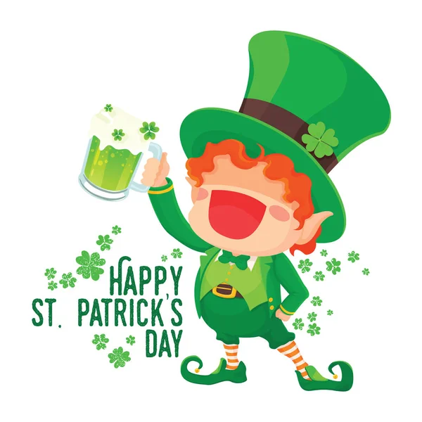 Happy St. Patrick 's Day Leprechaun Holding Beer . — стоковый вектор