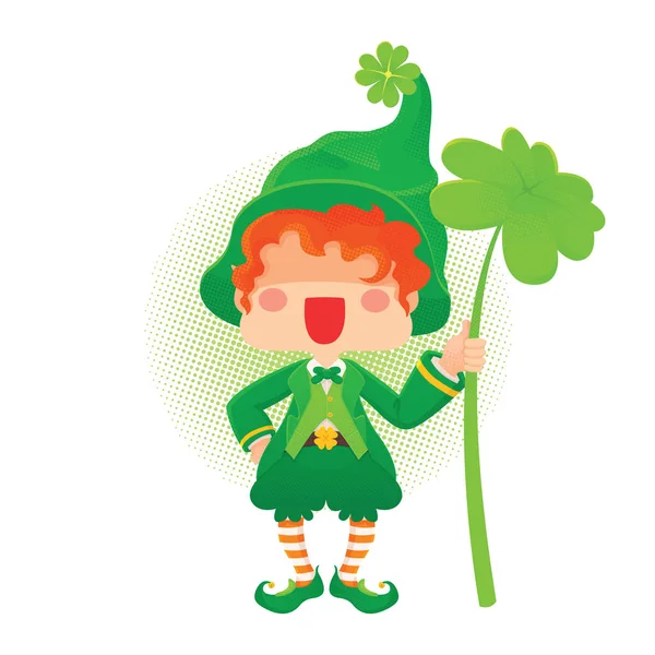 Happy St. Patrick 's Day Leprechaun Holding Shamrock — стоковый вектор
