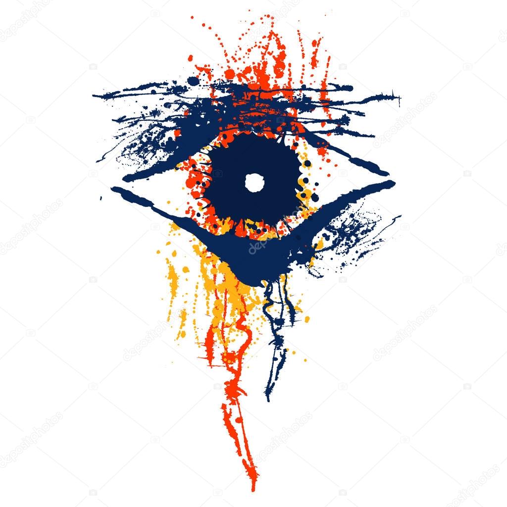 Vector hand drawn eye. Artistic creative colorful graphic illustration with inc splash, blots and smudge isolated on the white background.