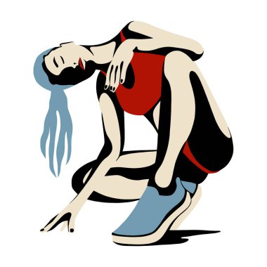 Spor kızı otururken, poz verirken, vektör grafik çizimi. Güzel siluet basit yakın vücut, minimalist tarz, klasik, sokak sanatı, sanat tasarımı, el çizimi çizimi.
