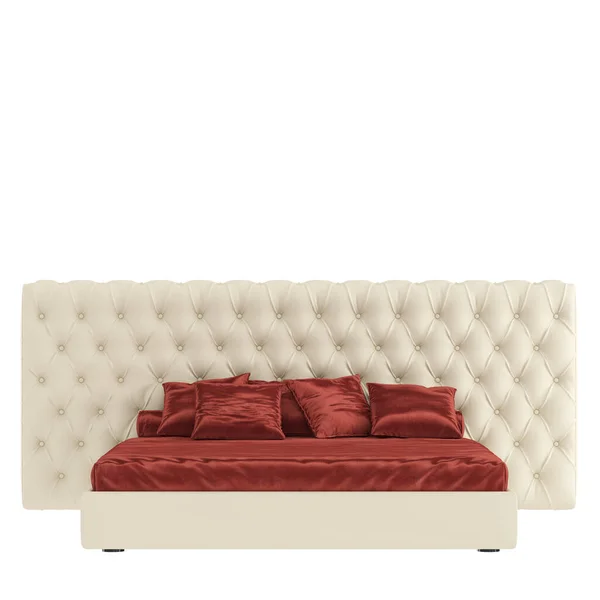 Łóżko z czerwonym kocem i poduszkami na odosobnionym tle. 3d renderowanie — Zdjęcie stockowe