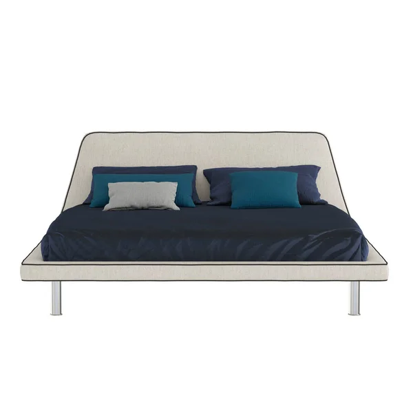 隔離された背景に青い毛布と枕でベッド。3Dレンダリング — ストック写真