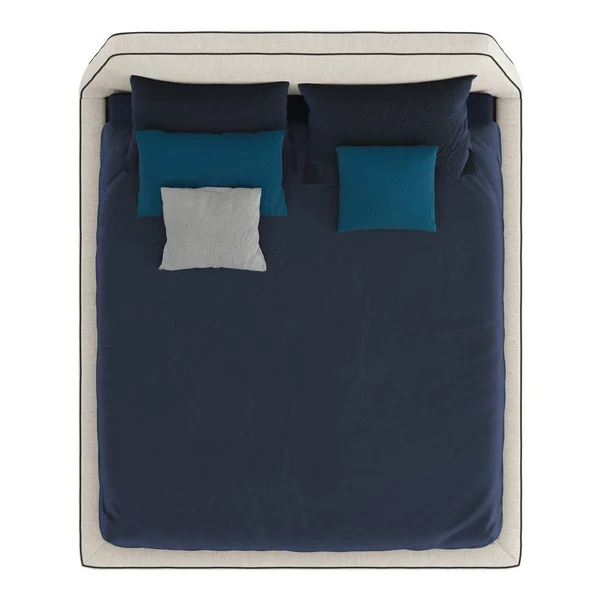 Cama con una manta azul y almohadas sobre un fondo aislado. renderizado 3d —  Fotos de Stock