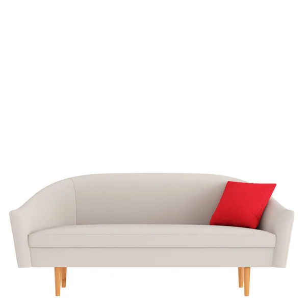 Canapé beige avec une vue frontale sur l'oreiller rouge sur un fond isolé. Rendu 3d — Photo