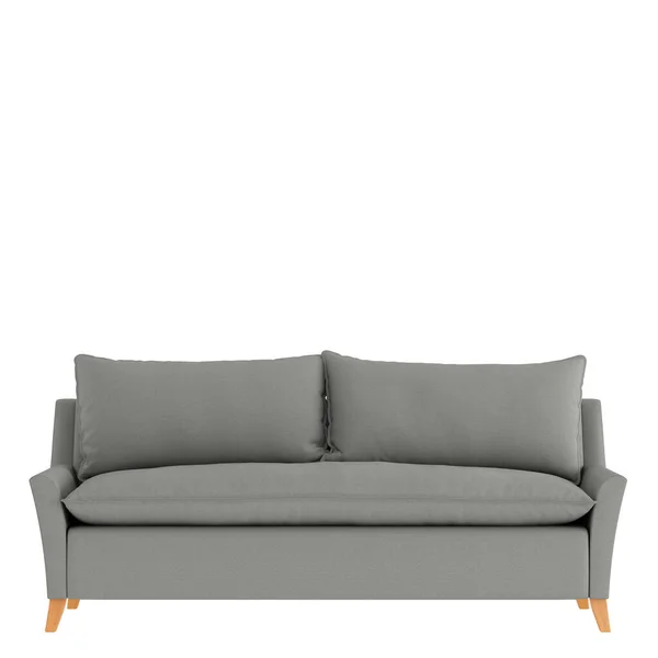 Graues Tuch Sofa Frontansicht auf einem isolierten Hintergrund. 3D-Darstellung — Stockfoto