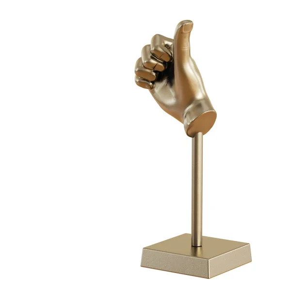 Złota figurka dłoni z wystającym kciukiem do góry na odosobnionym tle. 3d renderowanie — Zdjęcie stockowe