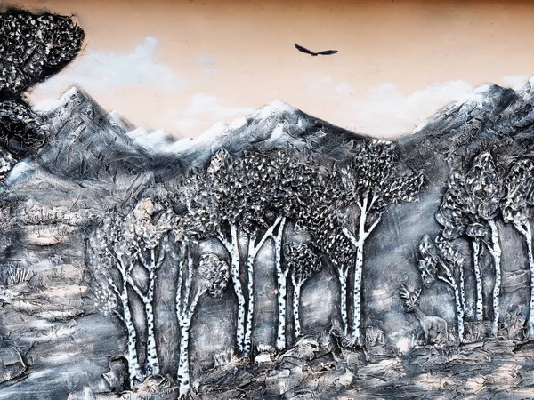 Rusia, Sochi 03.10.2019. Pintura artística en la pared de animales, montañas y plantas . —  Fotos de Stock