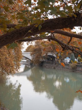 Sonbahar ağaçlarının arka planında nehir ve köprü manzarası
