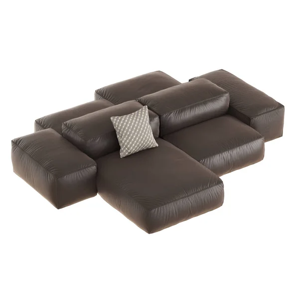 Mjuk fyrkantig läder brun soffa med kudde på en isolerad bakgrund. 3d-konvertering — Stockfoto