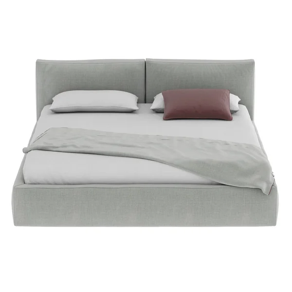 Cama doble gris con almohadas y colcha sobre un fondo aislado. renderizado 3d —  Fotos de Stock