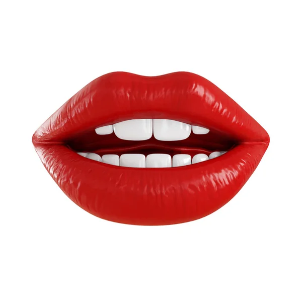 Otwarte usta z czerwonymi błyszczącymi ustami i białymi zębami na odosobnionym tle. 3d renderowanie — Zdjęcie stockowe