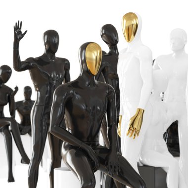 Farklı alanlardaki bulanık mankenlerin arka planına karşı altın yüzlü siyah bir manken. 3d oluşturma