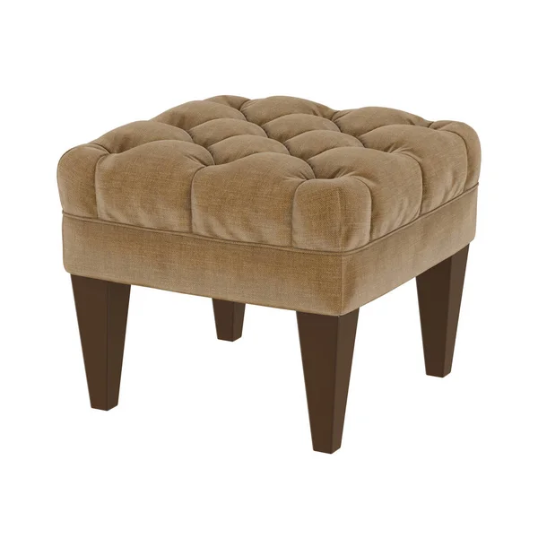 Brown quilted pouf with wooden legs on a white background. 3d rendering — Stock Photo, Image