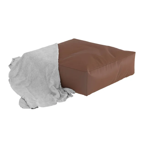 Pouf carré en cuir marron avec un plaid sur fond blanc. Rendu 3d — Photo