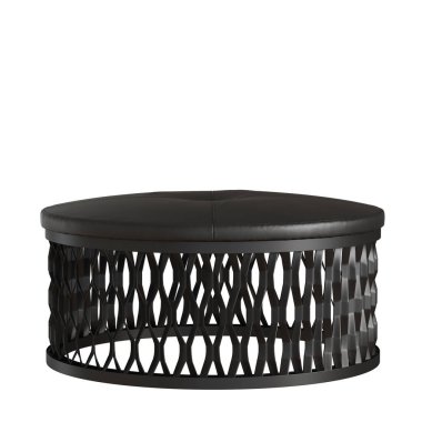 Beyaz arka planda metal bir zeminde yuvarlak siyah deri bir kese. 3d oluşturma