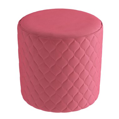 Pink round soft pouf with a relief rombus pattern on a white background. 3d rendering