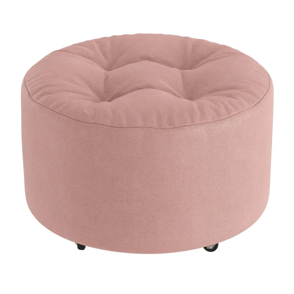 Light pink soft fabric round pouf on wheels on a white background. 3d rendering