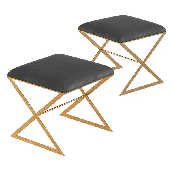 Dos taburetes con asiento gris y patas doradas sobre fondo blanco. renderizado 3d — Foto de Stock