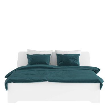 Yastıklı büyük beyaz bir çift kişilik yatak ve beyaz arka planda bir battaniye. 3d oluşturma