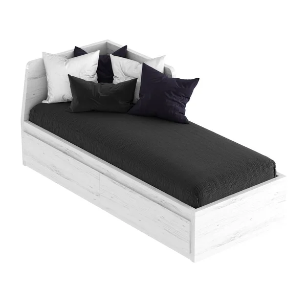 Biała kanapa z czarnym materacem i poduszkami na białym tle. 3d renderowanie — Zdjęcie stockowe