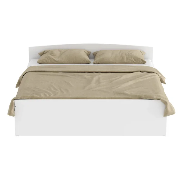 Białe drewniane podwójne łóżko z beżową pościelą. Z przodu. 3d renderowanie — Zdjęcie stockowe