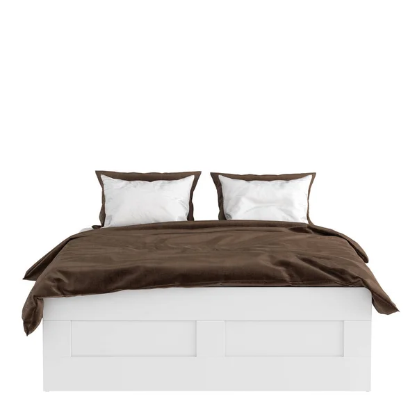 Una cama doble blanca con almohadas y una manta sobre fondo blanco. renderizado 3d — Foto de Stock