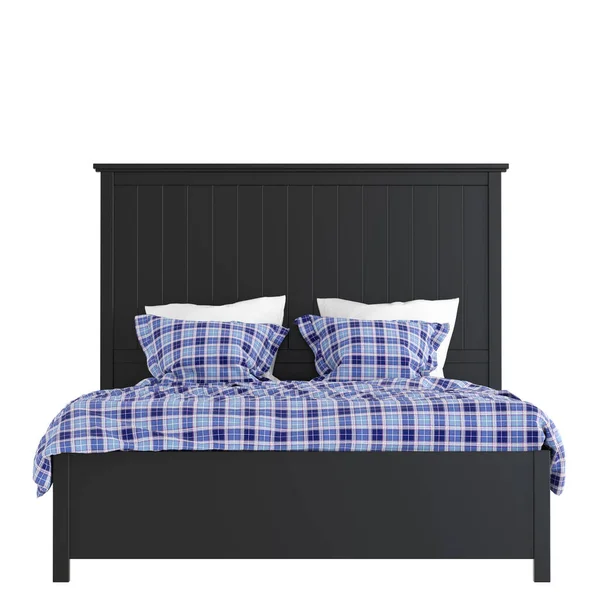 Ein schwarzes Bett mit hohem Kopfteil auf weißem Hintergrund. 3D-Darstellung — Stockfoto