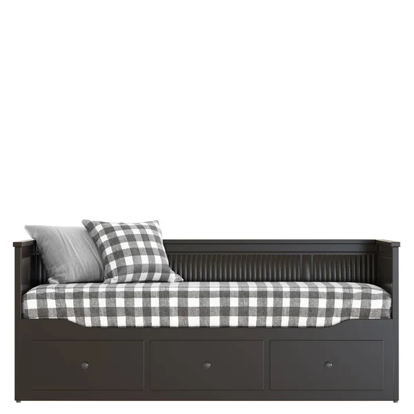 Ένας ξύλινος καφέ καναπές με δύο καρό μαξιλάρια και ένα στρώμα σε λευκό φόντο. Μπροστά. 3d απόδοση — Φωτογραφία Αρχείου
