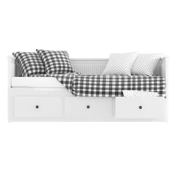 A wooden white couch with two checkered and two white pillows and a mattress on a white background. Front. 3d rendering