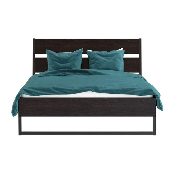 Braunes Doppelbett mit türkisfarbener Bettwäsche auf weißem Hintergrund. 3D-Darstellung — Stockfoto
