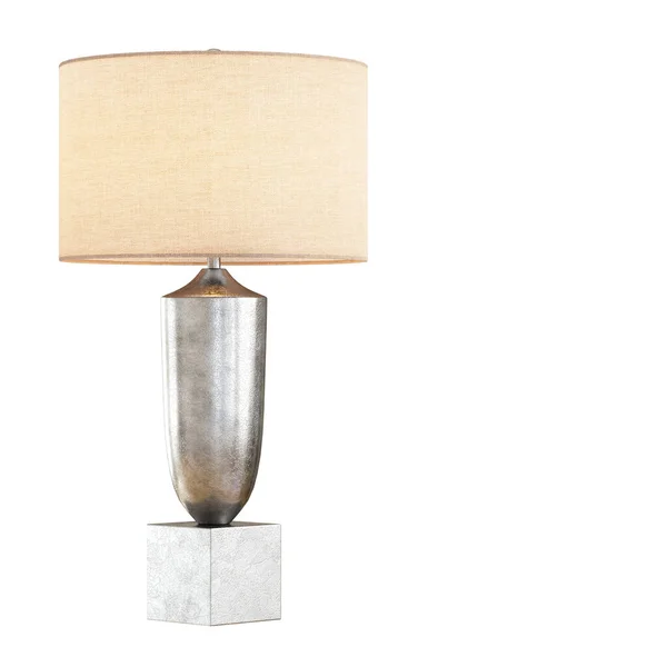 Night table lamp with a light lampshade on a metal base on a white background. 3d rendering — 스톡 사진