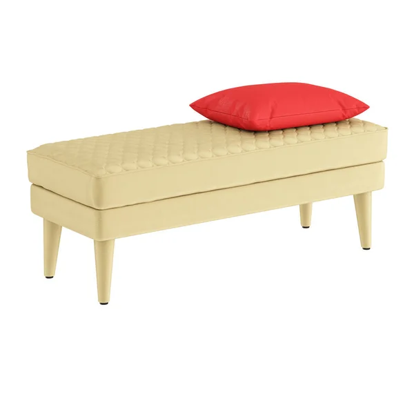 Banqueta de tela beige con almohada roja sobre fondo blanco. renderizado 3d —  Fotos de Stock