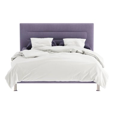 Beyaz arka planda yumuşak kumaşlı, eflatun döşemeli, siyah beyaz çarşaflı çift kişilik bir yatak. Ön görüntüler. 3d oluşturma