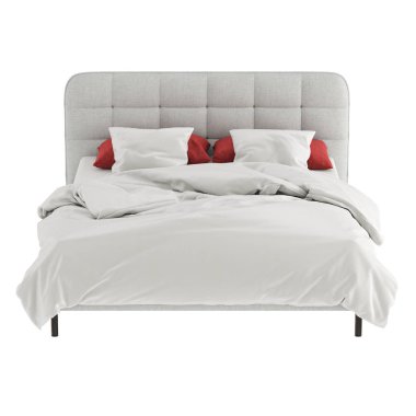 Çift gri yatak, yumuşak yorganlı yatak başlığı ve beyaz arka planda kırmızı-beyaz çarşaf. Ön görüntüler. 3d oluşturma