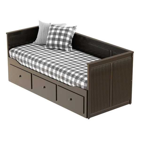Drewniana brązowa kanapa z dwiema szachownicowanymi poduszkami i materacem na białym tle. 3d renderowanie — Zdjęcie stockowe