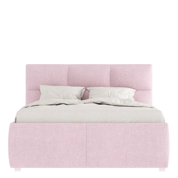 Διπλό κρεβάτι με μαλακό ροζ ύφασμα ταπετσαρία και ελαφριά κλινοσκεπάσματα σε λευκό φόντο. Αντιγραφέας στο μπροστινό μέρος. 3d απόδοση — Φωτογραφία Αρχείου
