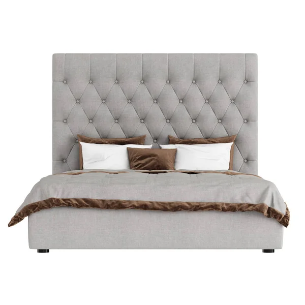Γκρι κρεβάτι με ψηλό παπλωματοειδές κεφαλάρι και γκρι-λευκό κρεβάτι με καφέ τελειώματα σε λευκό φόντο. 3d απόδοση — Φωτογραφία Αρχείου