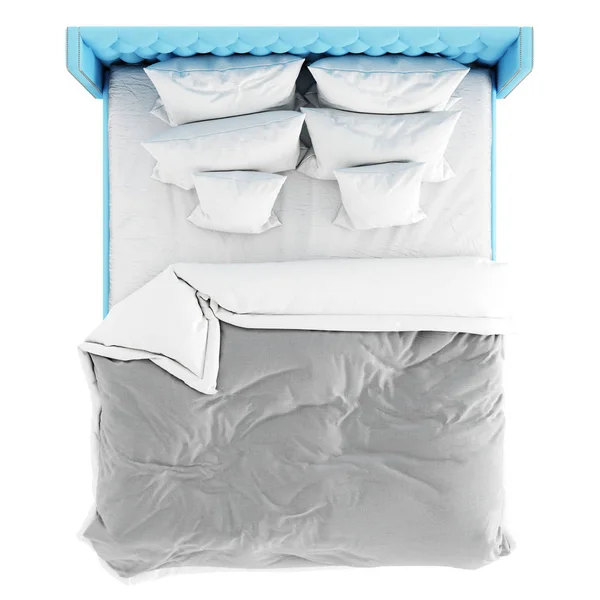 Gran cama doble azul con una manta y seis almohadas sobre un fondo blanco. renderizado 3d — Foto de Stock