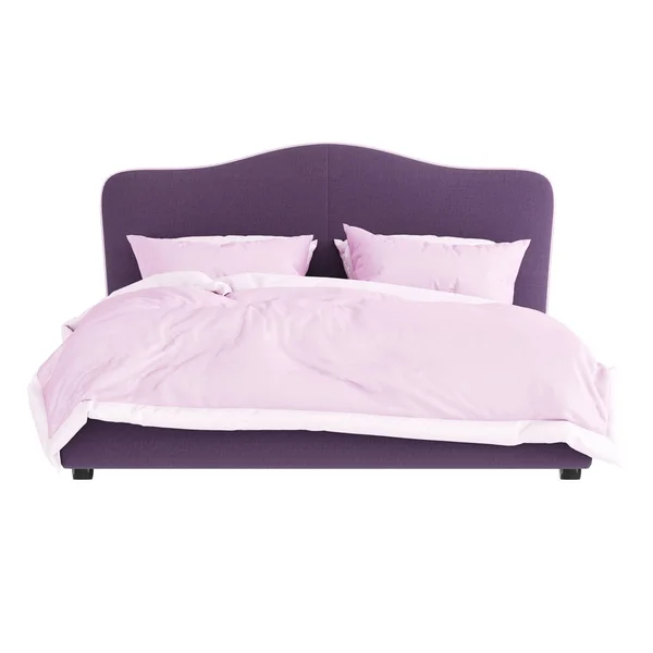 Cama doble lila suave con cabecera rizada y ropa de cama rosa sobre un fondo blanco. renderizado 3d —  Fotos de Stock