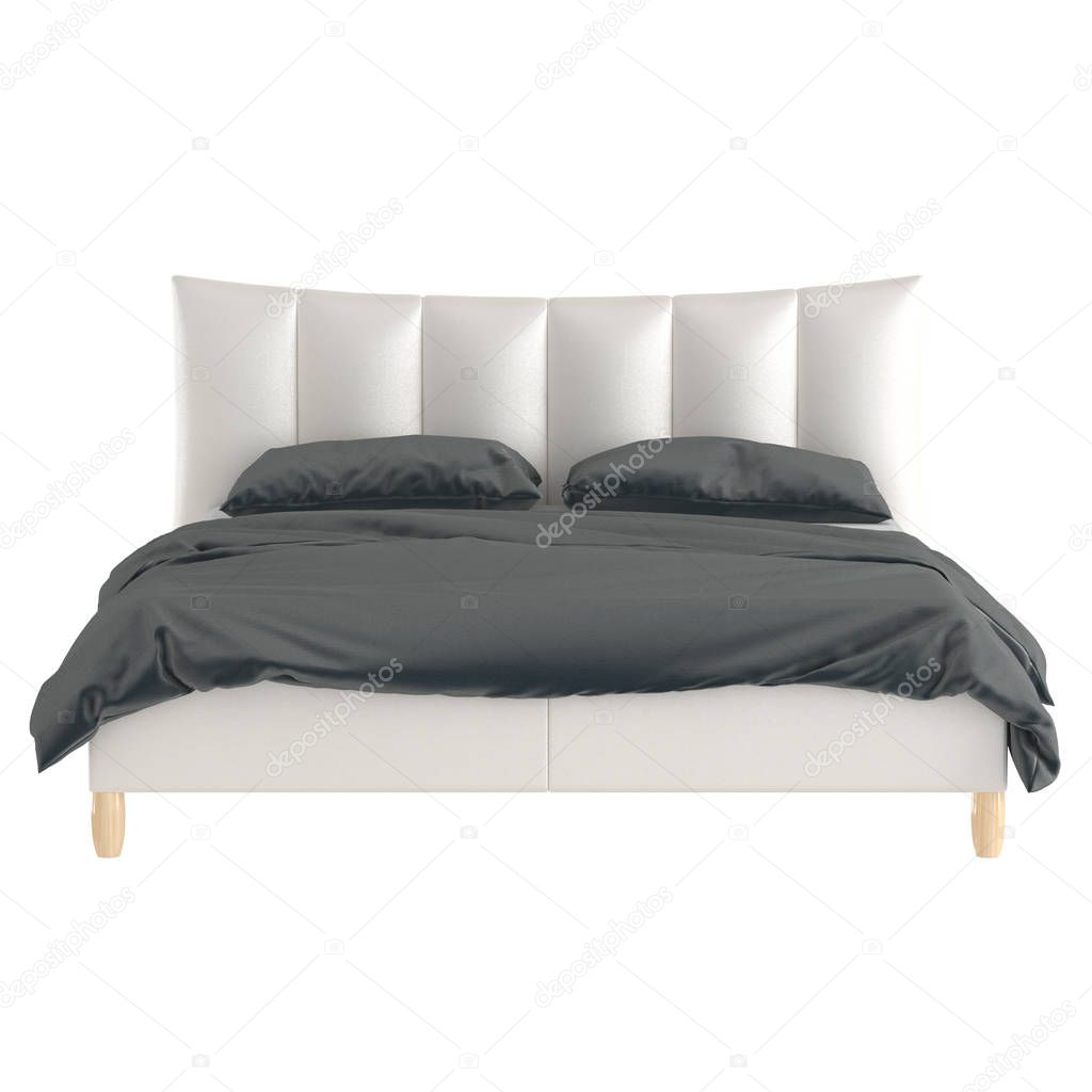 Double bed on wooden legs with pearl leather upholstery and gray bedding on a white background. 3d rendering.
