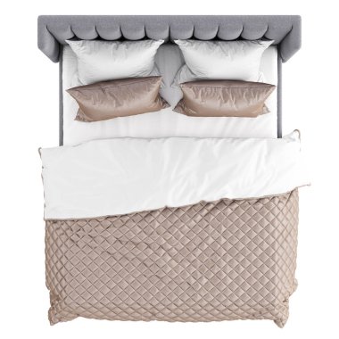 Beyaz arka planda yumuşak gri döşeme ve kremsi beyaz yatak. Üst Manzara. 3d oluşturma