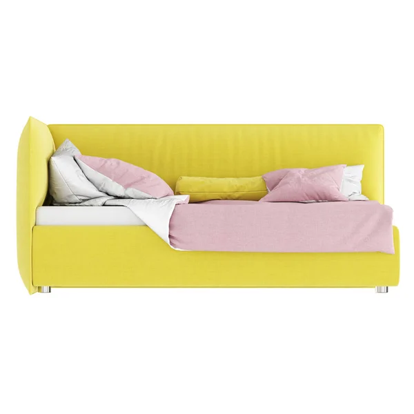 Дитяче ліжко з м'якою тканиною жовта оббивка і біло-рожева постільна білизна на білому тлі. Вид спереду. 3D візуалізація — стокове фото