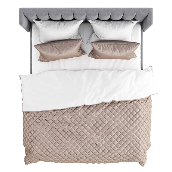 Cama doble con tapicería gris suave y ropa de cama blanca cremosa sobre un fondo blanco. Vista superior. renderizado 3d — Foto de Stock