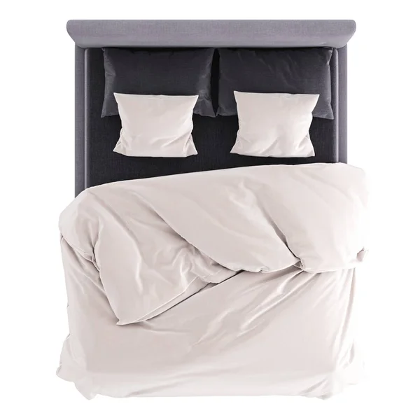 Ένα διπλό κρεβάτι με μαλακό ύφασμα λιλά ταπετσαρία και ασπρόμαυρο λινό σε λευκό φόντο. Κορυφαίος θεατής. 3d απόδοση — Φωτογραφία Αρχείου