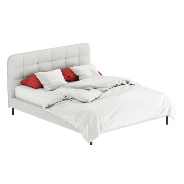 柔らかいキルティングのヘッドボードと白い背景に赤白のリネンを備えたダブルグレーのベッド。コピースペース3Dレンダリング — ストック写真