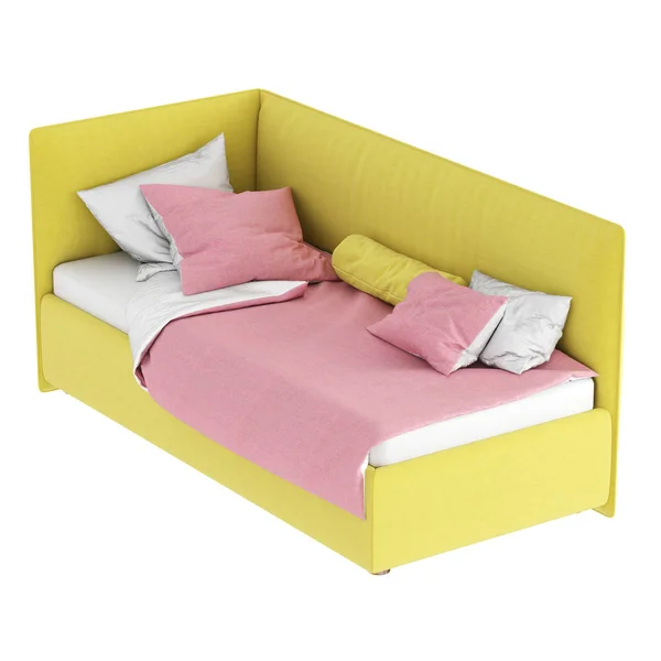 Дитяче ліжко з м'якою тканиною жовта оббивка і біло-рожева постільна білизна на білому тлі. 3D візуалізація — стокове фото