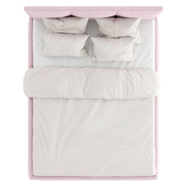 Yumuşak pembe kumaşlı çift kişilik yatak ve beyaz arka planda hafif yatak. Üst Manzara. 3d oluşturma